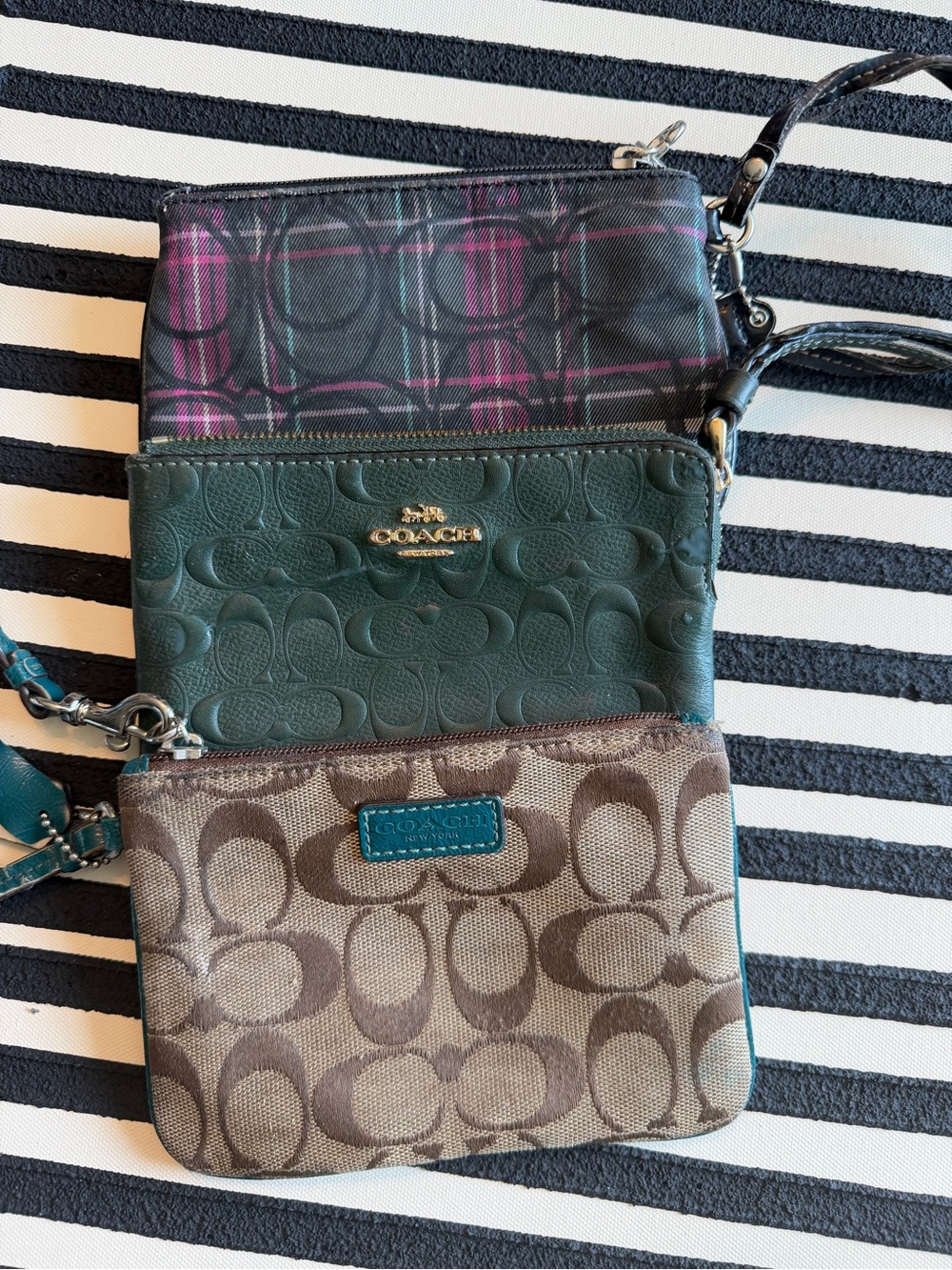 Coach Triple-Pouch Wristlet in Green, Brown and Pink Plaid